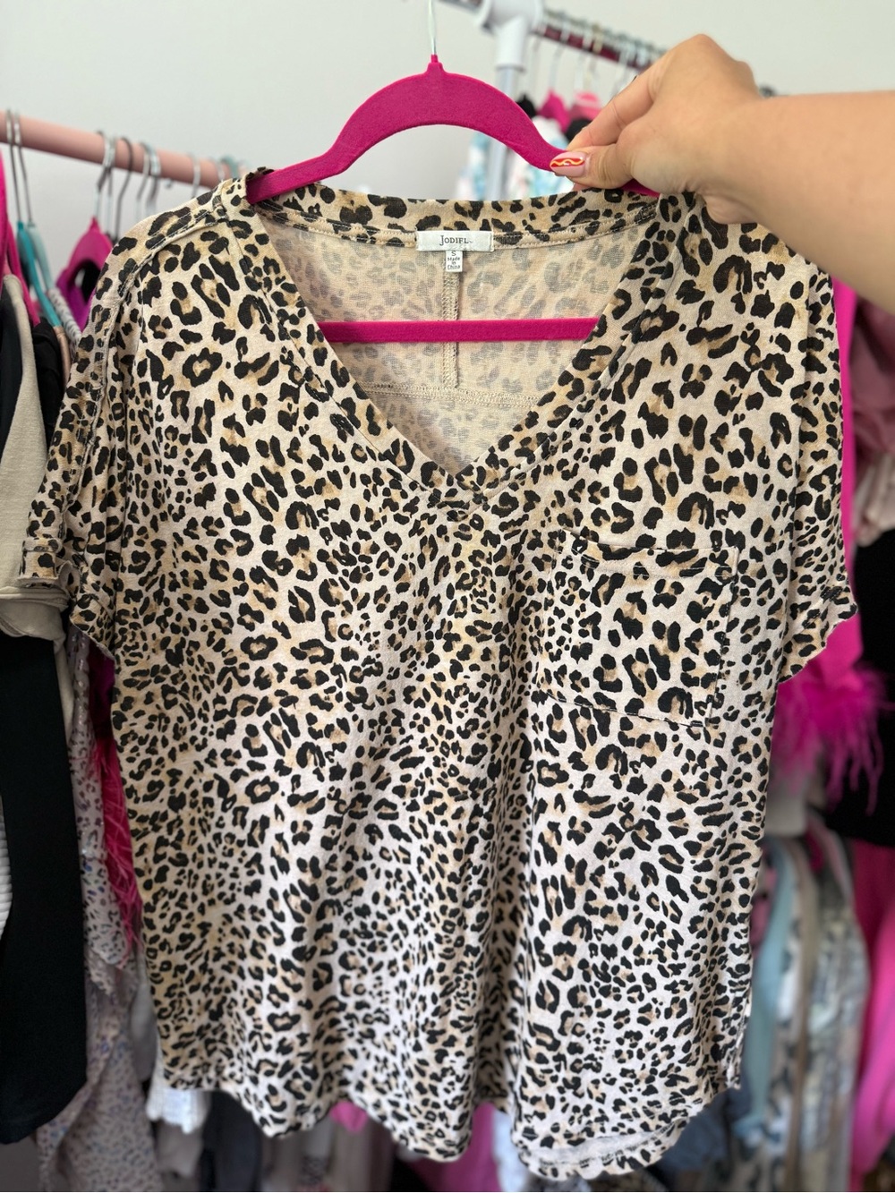 JODIFL Beige and Black Leopard Print V-Neck Top